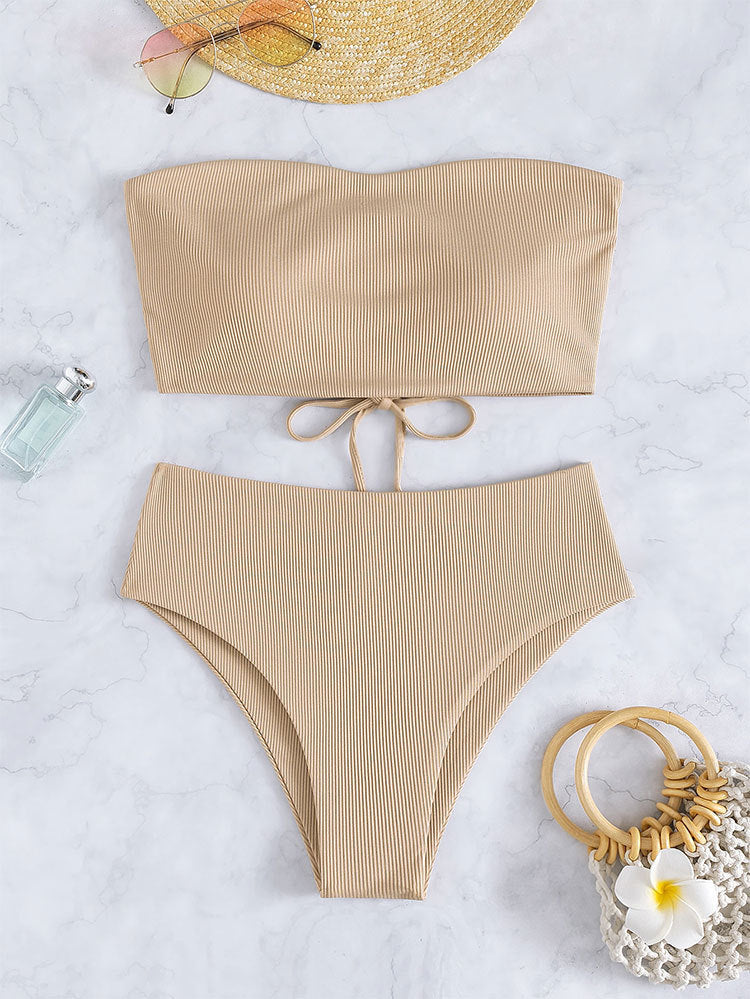 Damen Bandeau-Bikini-Set mit hohem Beinausschnitt und Bindedetails Drune