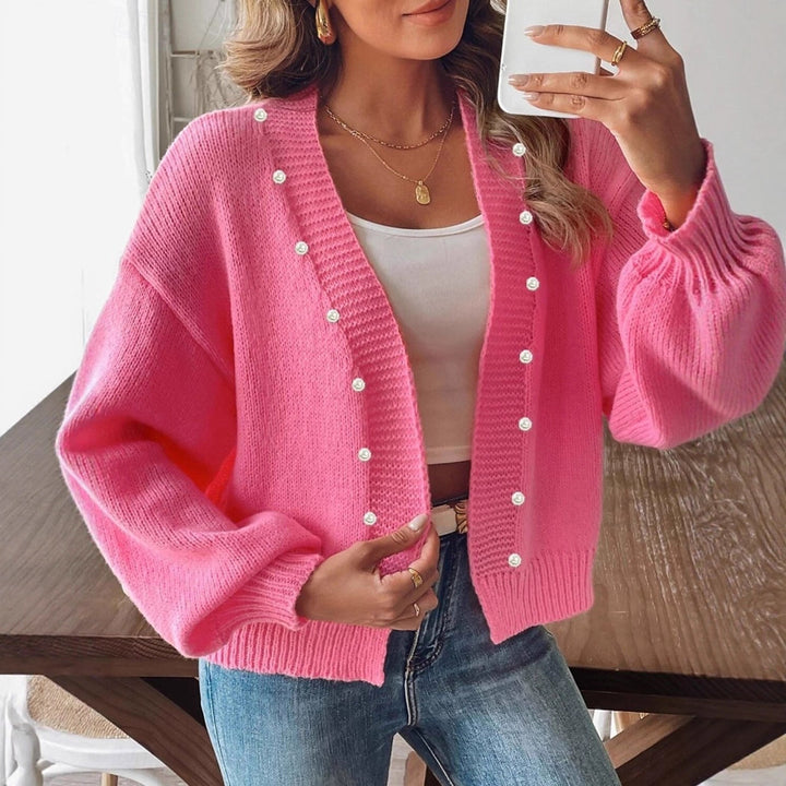 Damen gemütliche Strickjacke mit Perlenknopf-Detail Drune