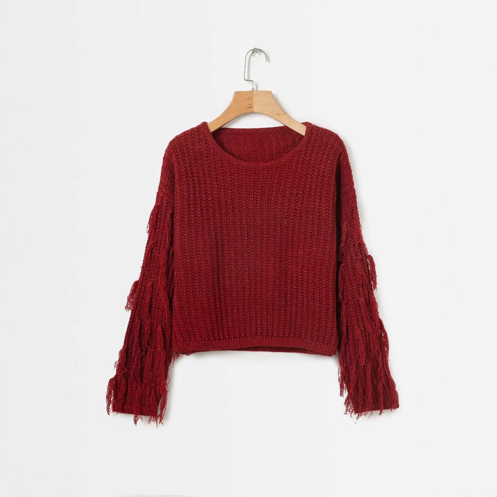 Damen Grobstrickpullover mit fransigen Ärmeln Drune