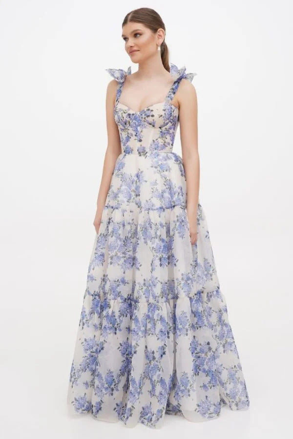 Damen Elegantes Maxikleid mit floralen Details und Rüschenträgern Drune