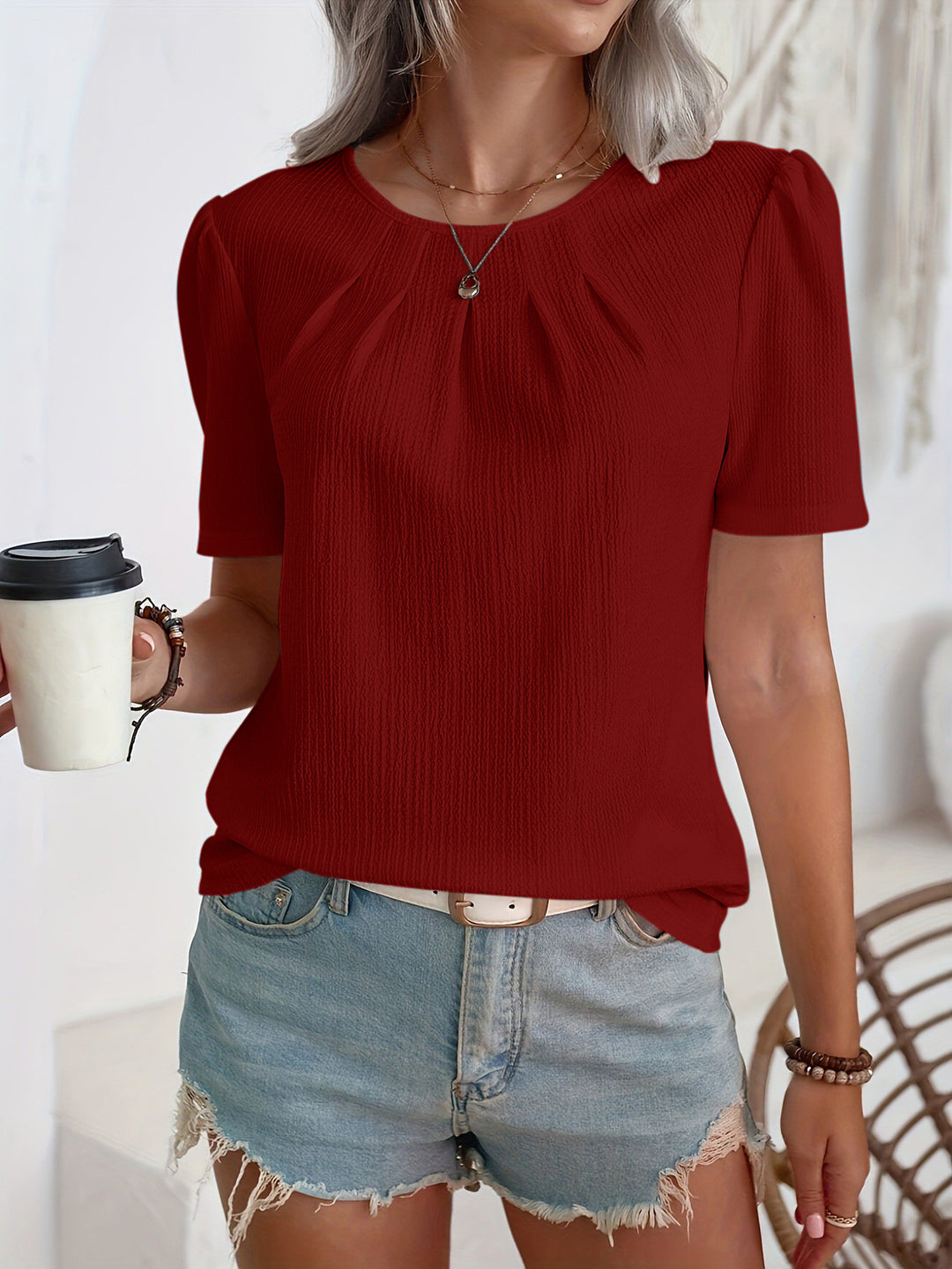 Damen Modisches Oberteil mit strukturiertem Design und Puffärmeln Drune