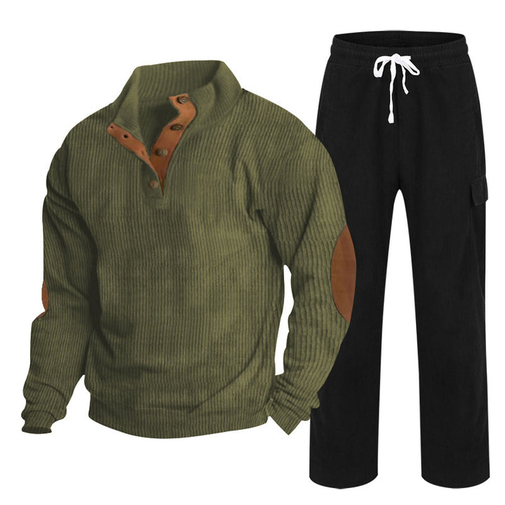 Herren nan Strick-Freizeitset mit Knopfleiste und Ellenbogenaufnähern sowie Cord-Cargohose Drune