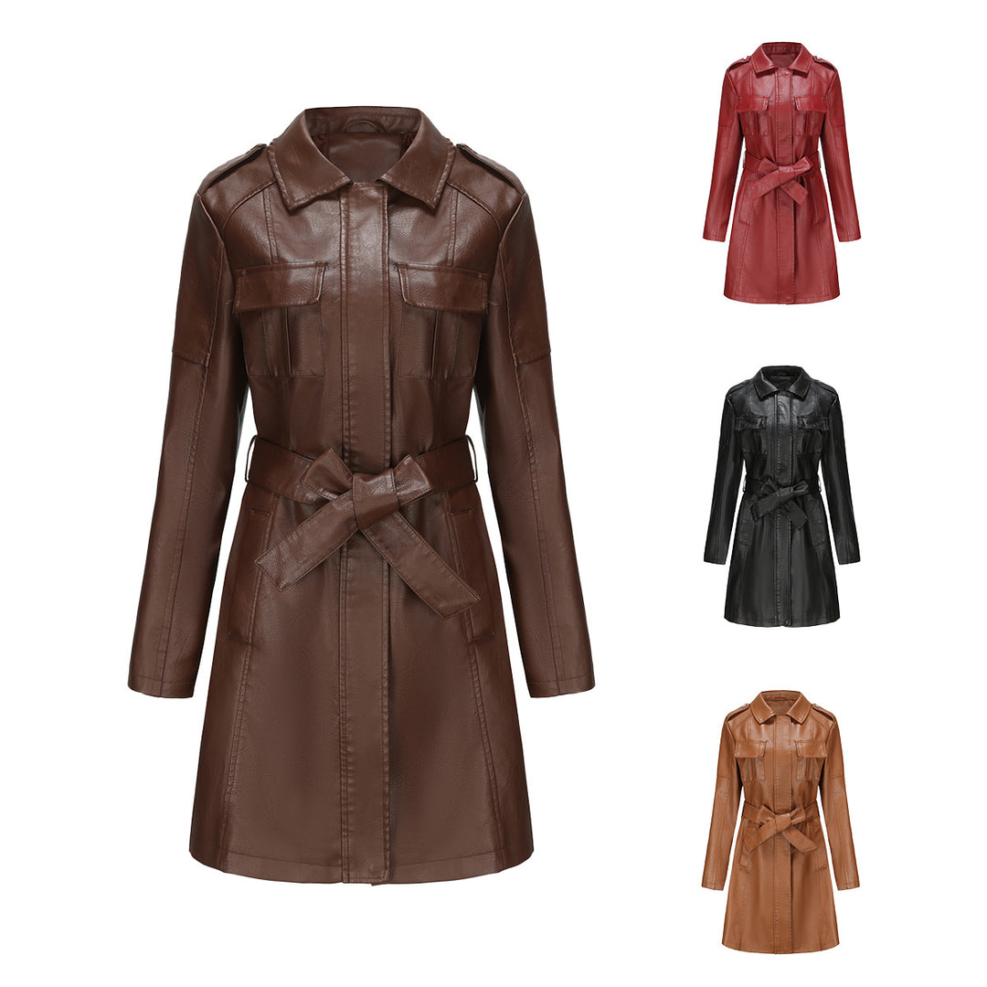 Damen modischer Trenchcoat aus hochwertigem Kunstleder Drune