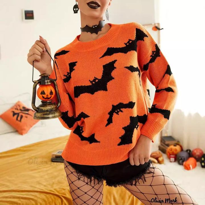 Damen Halloween Pullover mit lustigem Fledermaus-Muster Drune