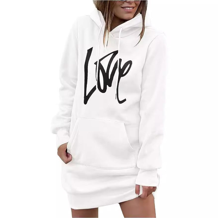 Damen Hoodie-Kleid mit Kängurutasche und auffälligem Schriftzug Drune