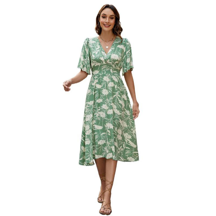 Damen Sommerliches Midikleid mit verspielten Rüschendetails und V-Ausschnitt Drune