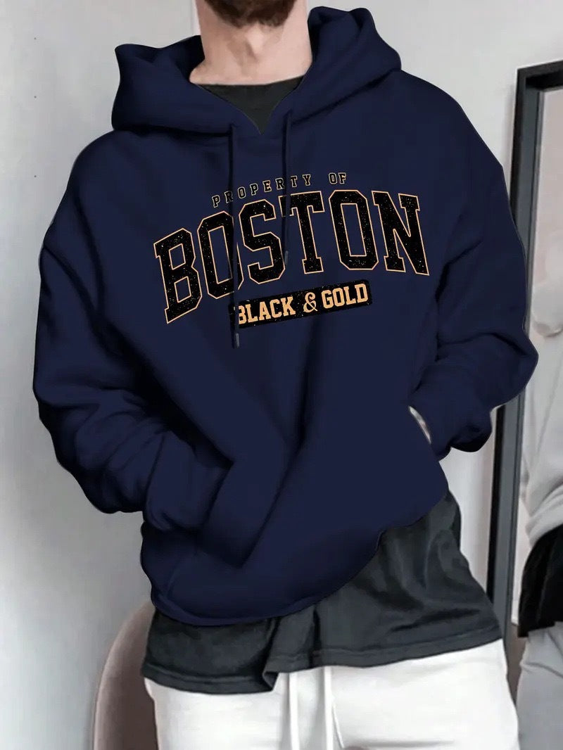 Herren Kapuzensweater mit auffälligem Boston-Print und weicher Innenseite Drune