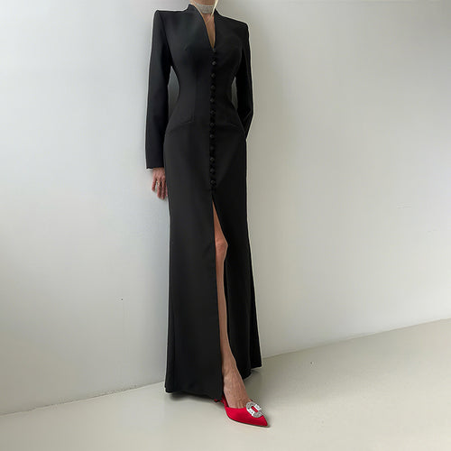 Damen Elegantes Maxikleid mit tailliertem Schnitt und Knopfleiste Drune
