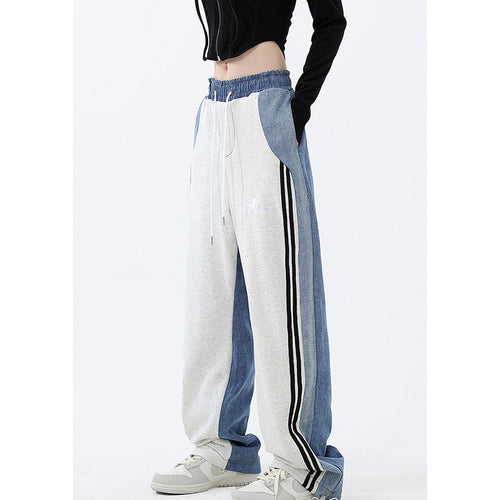 Damen nan weite Jogginghose mit Denim-Einsätzen, elastischem Bund und seitlichen Kontraststreifen Drune