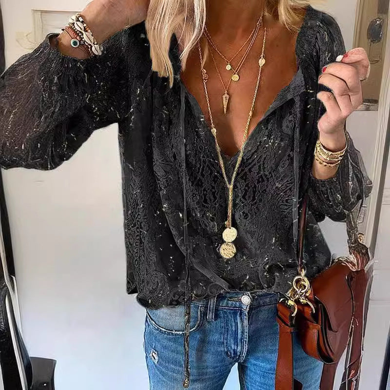 Damen Elegante und feminine Bluse mit V-Ausschnitt und Spitzenakzenten Drune