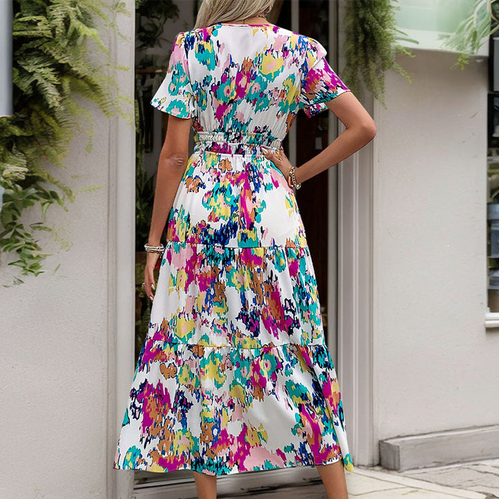 Damen Maxi-Wickelkleid mit elastischem Taillengürtel und verspieltem Farbdesign Drune