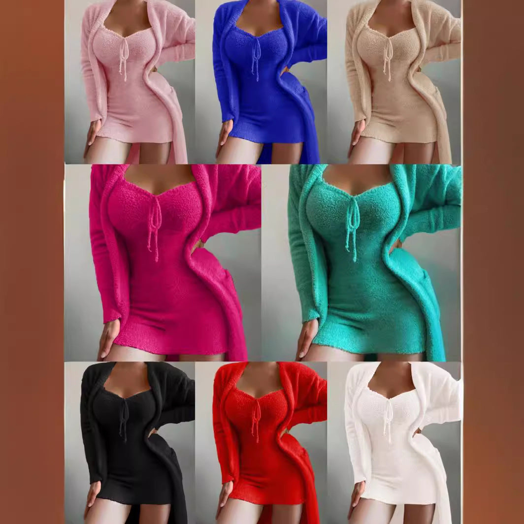 Damen nan luxuriöses Teddy-Fleece Lounge-Set mit Longcardigan, gerafftem Cropped-Bustier und Highwaist-Hose Drune