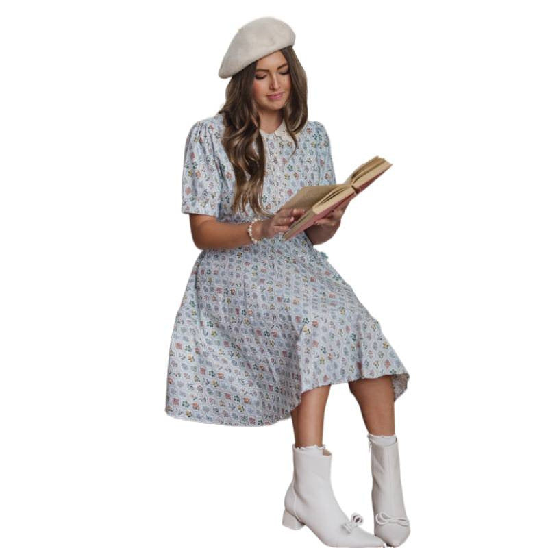 Damen Kleid mit geblümtem Design und klassischem Kragen Drune