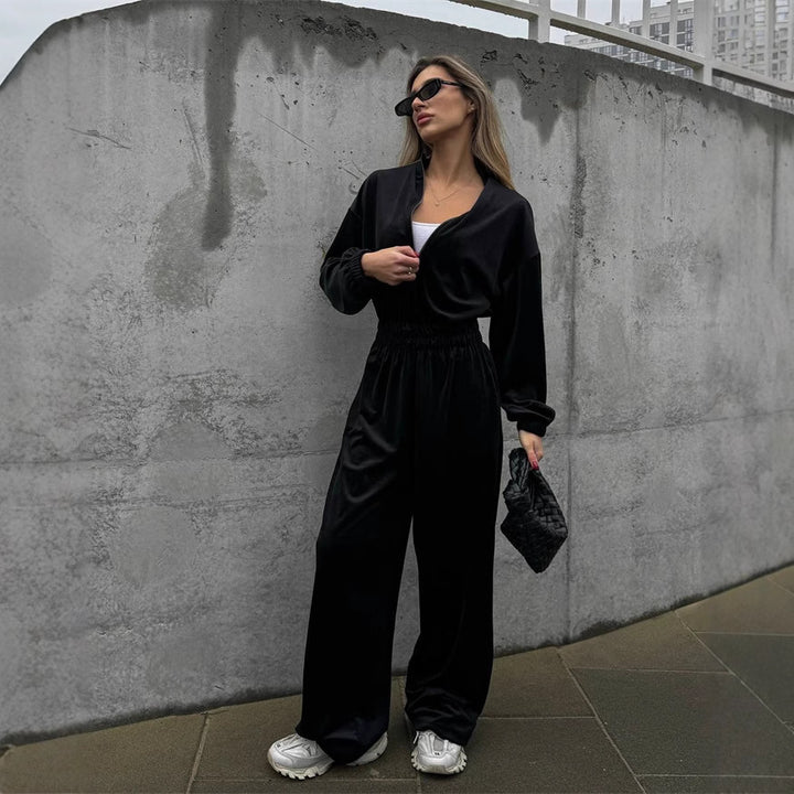 Damen luxuriöser Velours-Jumpsuit mit hohem Kragen Drune