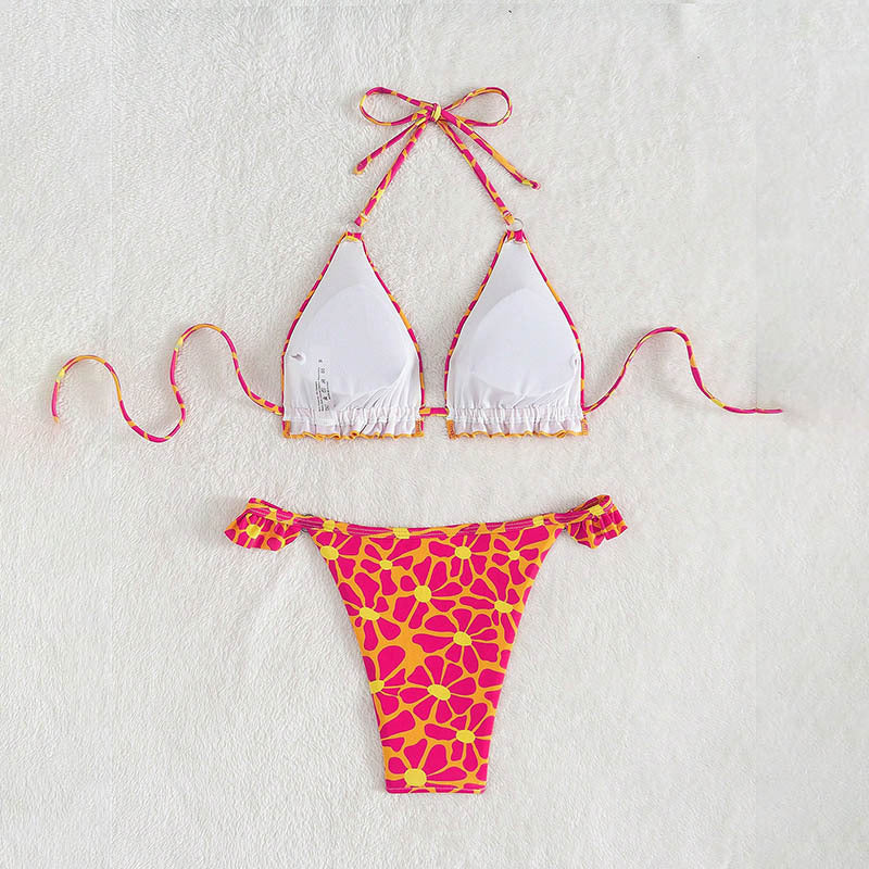 Damen Triangel-Bikini mit verspieltem Blumenmuster und Rüschendetails Drune