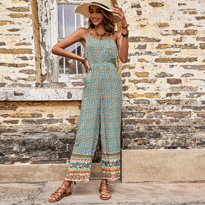 Damen floraler Jumpsuit mit breiter Beinform und verstellbaren Trägern Drune