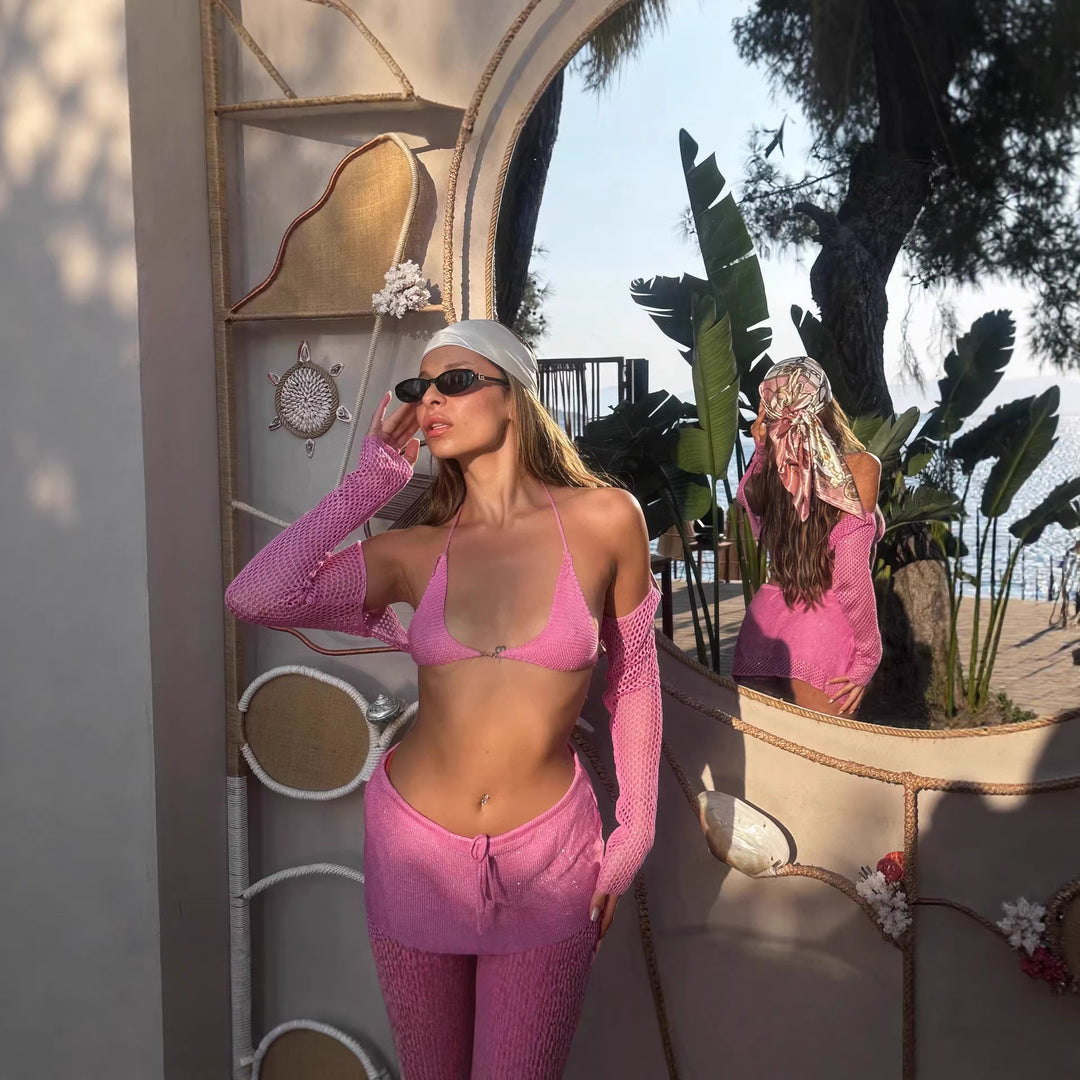 Damen Häkel-Bikini-Set mit langem Arm und passendem Rock Drune