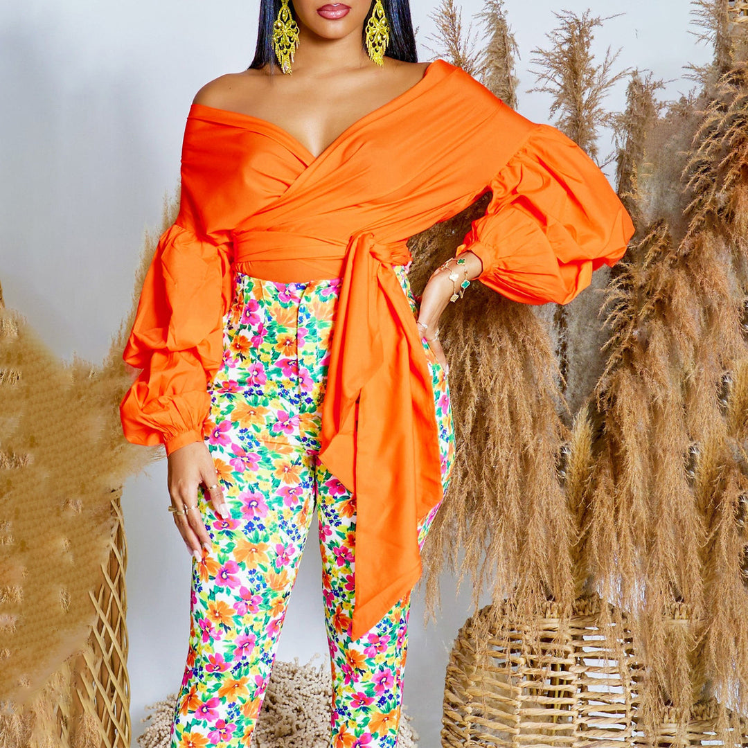 Damen Wickelbluse mit voluminösen Ärmeln und eleganter Schleifenbindung Drune