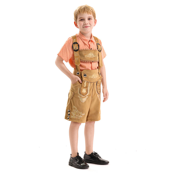 Herren nan traditionelle Kinderlederhose kurz mit aufwendiger Stickerei, Latztasche und verstellbaren Trägern Drune