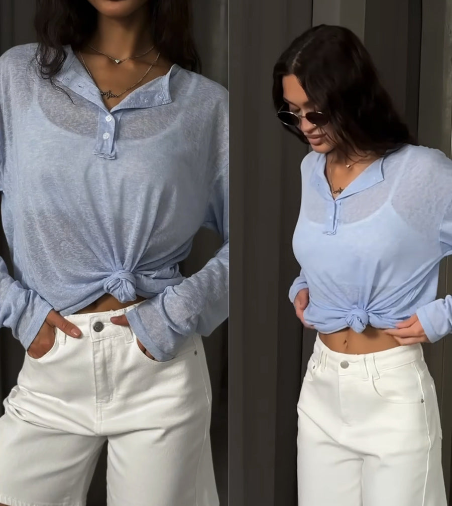 Damen Komfortables und lässiges Langarmshirt mit Knoten Drune