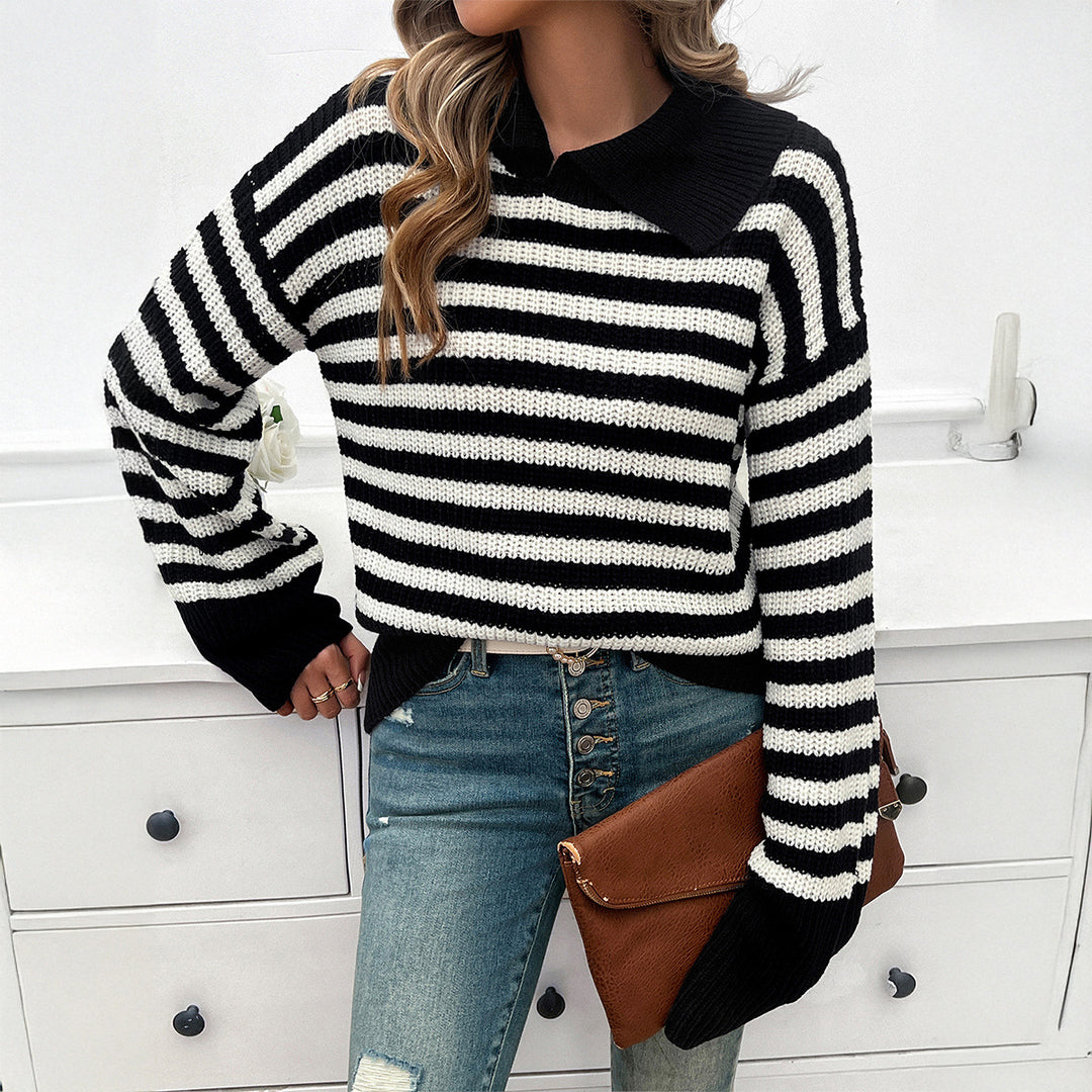 Damen nan gestreifter Polokragen-Strickpullover mit weitem Saum und ausgestellten Bündchen Drune