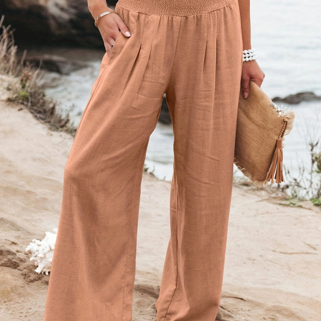 Damen Lange, weite Leinenhose mit elastischem Bund Drune