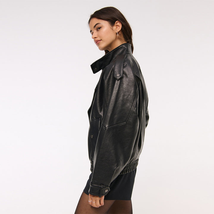 Damen Modische Kunstlederjacke im oversized Schnitt mit strukturierten Details Drune