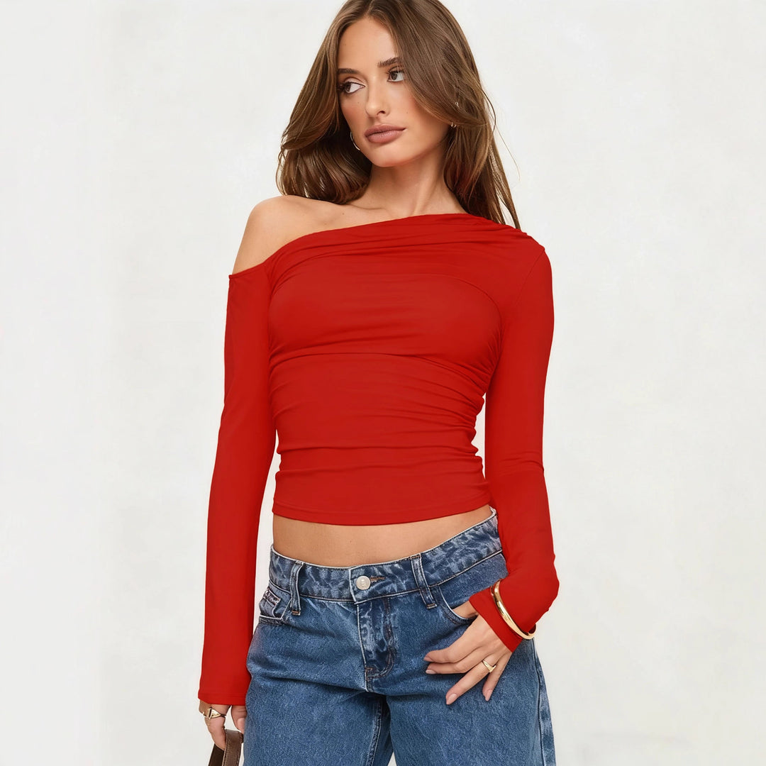 Damen Off-Shoulder Raffungsshirt mit langen Ärmeln und elegantem Design Drune