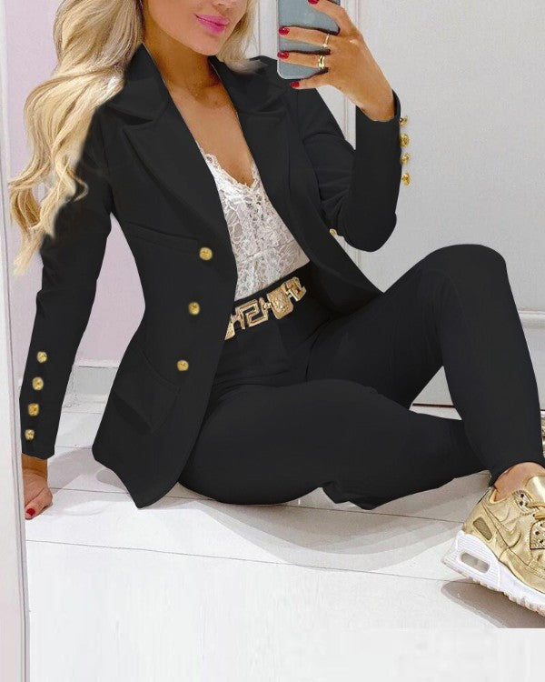 Damen nan tailliertes Doppelreiher-Blazer-Set mit goldknopf-Detail und hochtaillierter Slimhose Drune