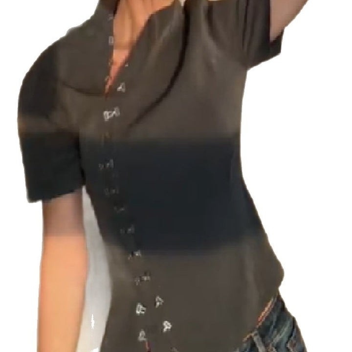 Damen modische Kurzarm-Bluse mit innovativem Schnitt und stylischen Knöpfen Drune