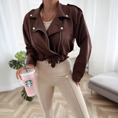 Damen Bikerjacke aus hochwertigem Wildlederimitat mit tailliertem Schnitt und seitlichen Reißverschlüssen Drune