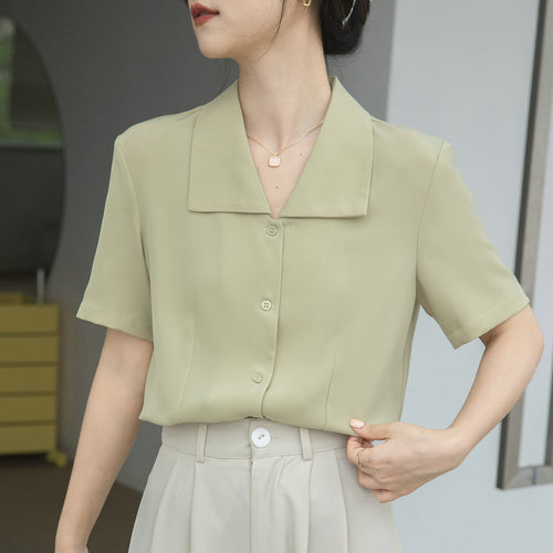 Damen Kurzarmbluse mit modernem Kragen und elegantem Knopfdesign Drune