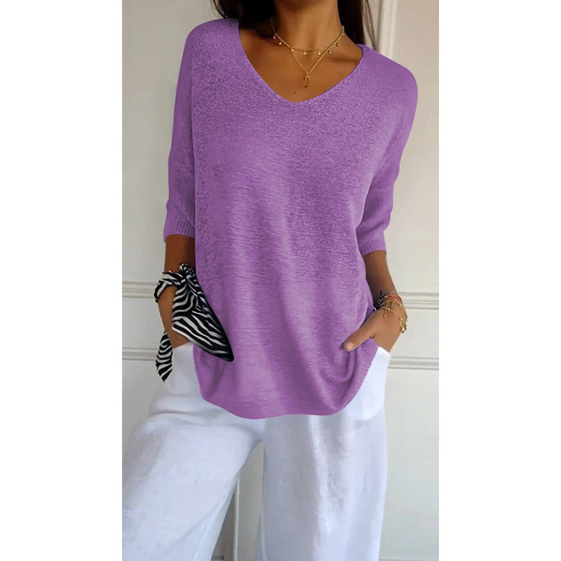 Damen nan locker sitzender V-Ausschnitt Feinstrickpullover mit dreiviertelÄrmeln Drune