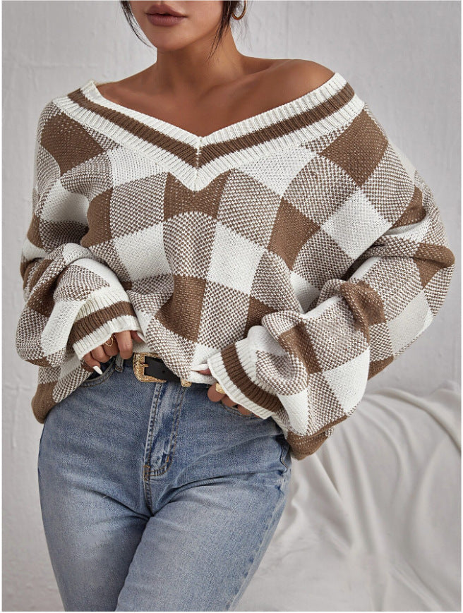 Damen Off-Shoulder Pullover im Karomuster mit langen Ärmeln Drune