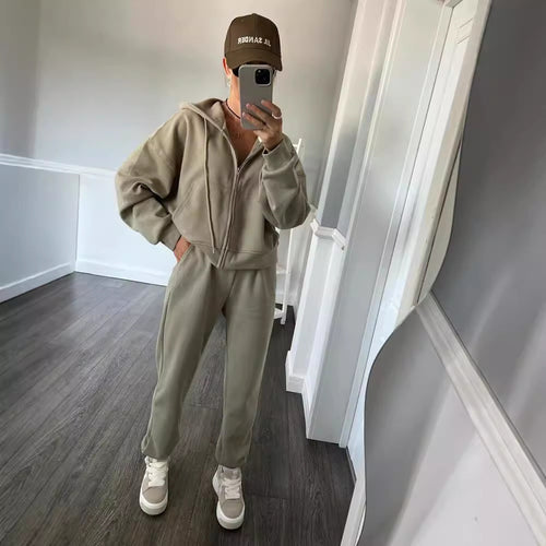 Damen sportliches Fleece-Jogginganzug mit praktischer Kapuze und Kordelzug Drune