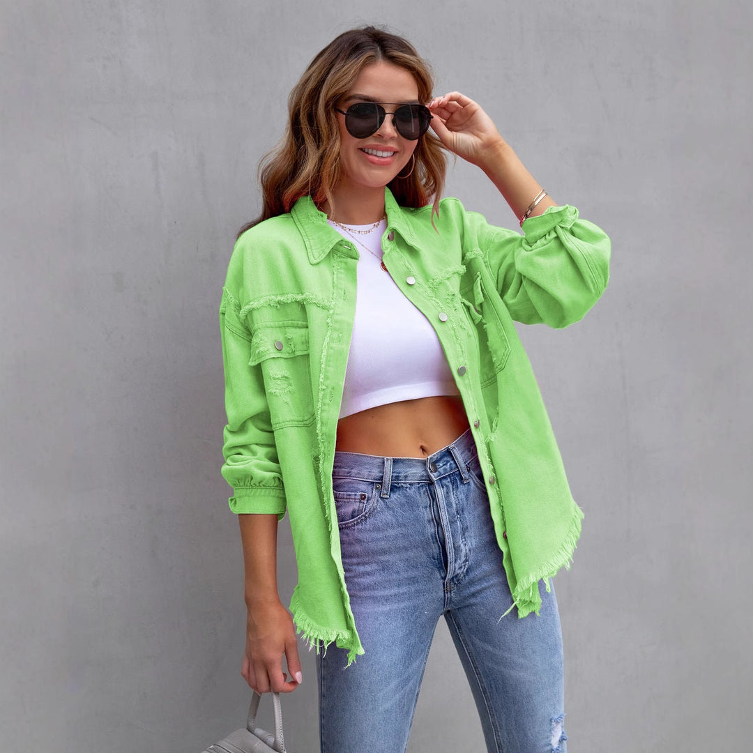 Damen nan oversized Utility-Denim-Hemdjacke mit Fransenbesatz und aufgesetzten Pattentaschen Drune