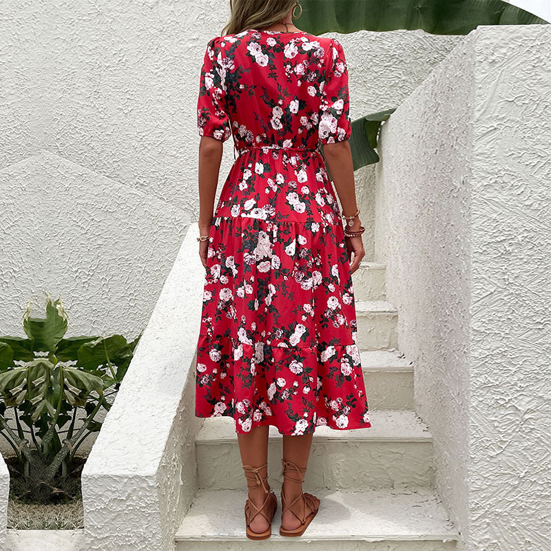 Damen Blumenkleid mit tiefem V-Ausschnitt und elastischem Taillenzug Drune