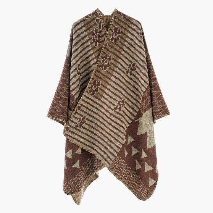 Damen Eleganter Poncho mit grafischem Muster und weichen Fransen Drune