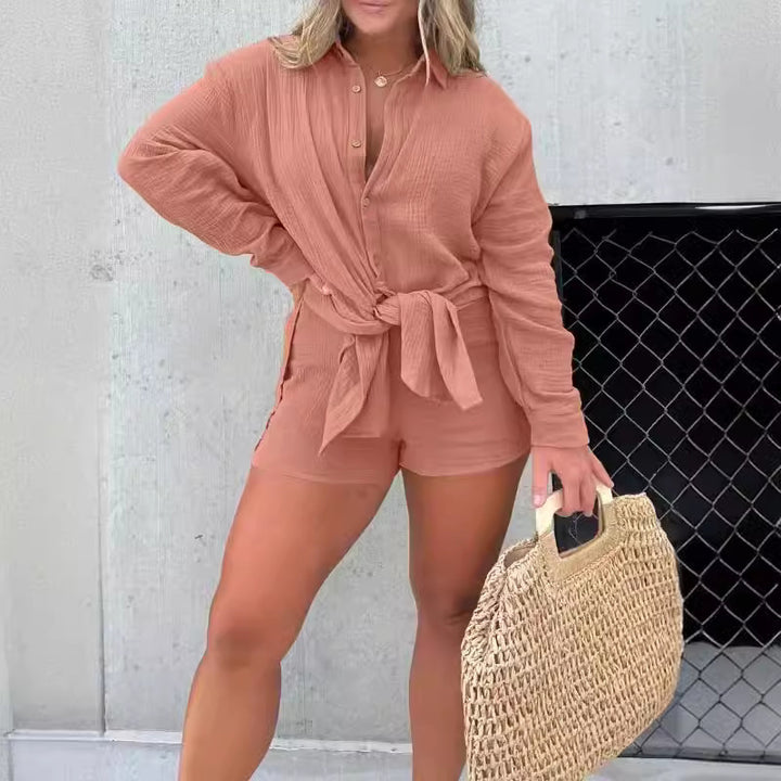 Damen lässiges Krepp-Blusenshirt und Shorts-Set mit taillierbarem Gürtel Drune