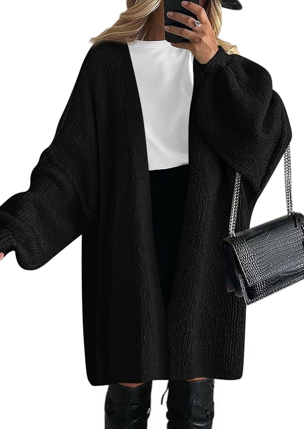 Damen Lässiger Strickmantel mit tiefem V-Ausschnitt und weiten Ärmeln Drune