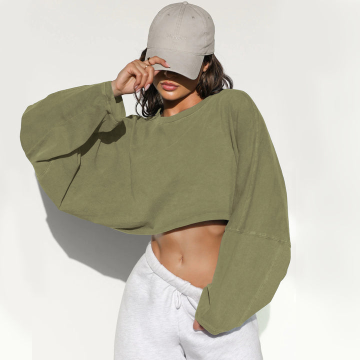 Damen lässiges Cropped Sweatshirt mit weitem Schnitt und Ballonärmeln Drune
