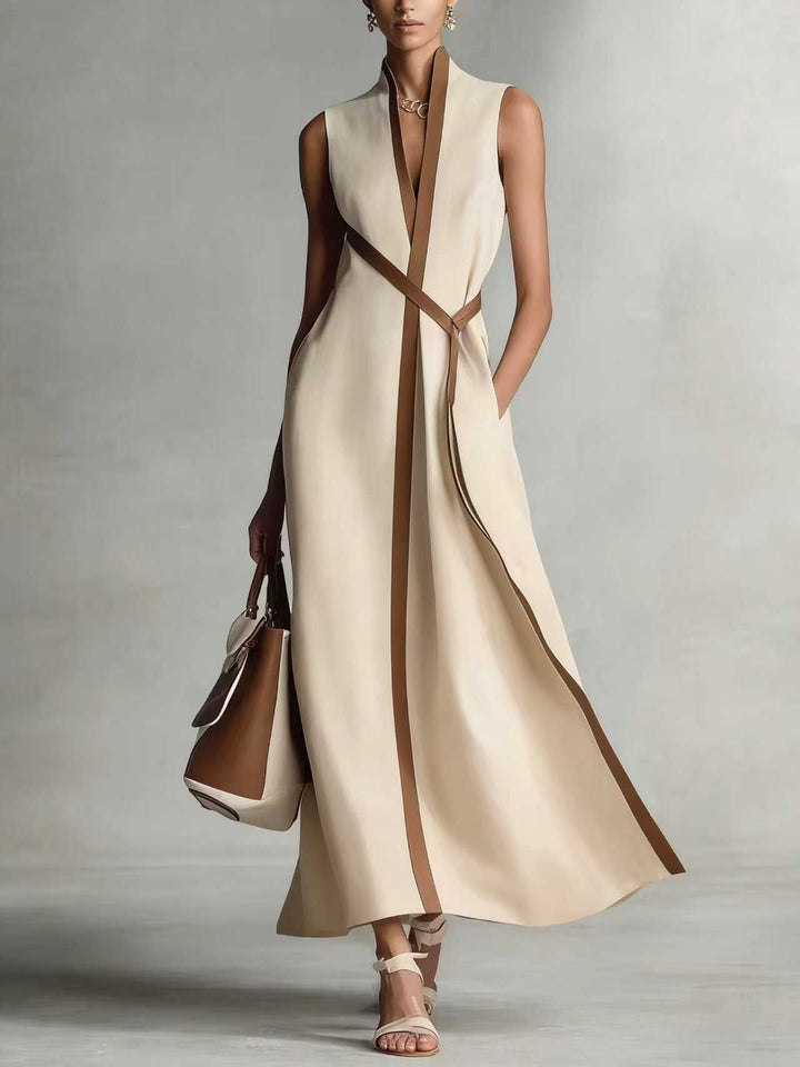 Damen elegantes Maxikleid mit Taillenschnitt und schmalem Gürtel Drune