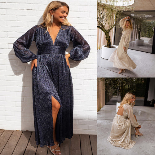 Damen Maxi-Kleid mit funkelndem Glitzer und weitem Rock Drune
