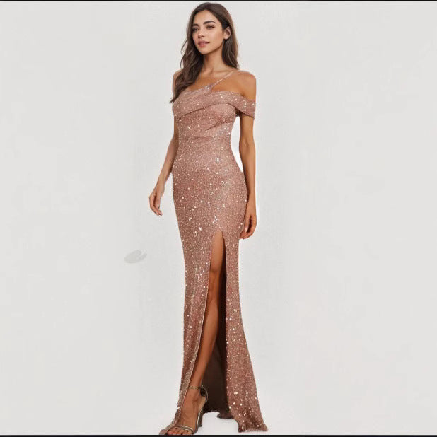 Damen glitzerndes Abendkleid mit Wickeloptik und hohem Schlitz Drune