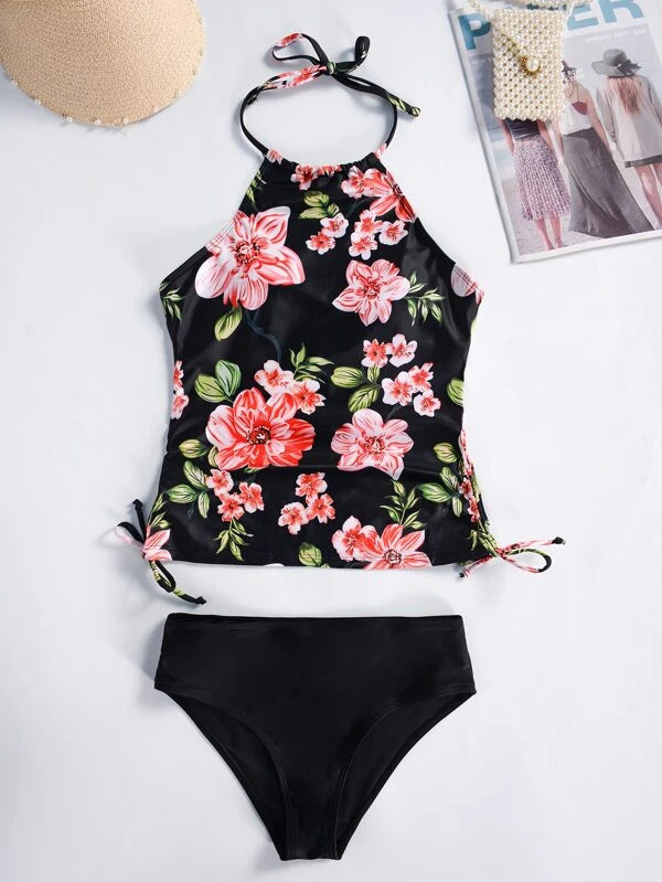 Damen Schnittiger Tankini mit floralem Design und verstellbaren Riemen Drune