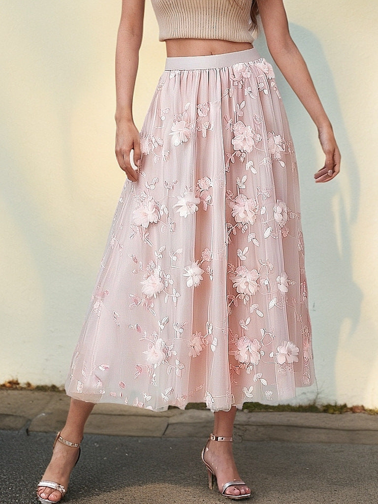 Damen Eleganter Tüllrock mit floralen Stickereien und elastischem Bund Drune
