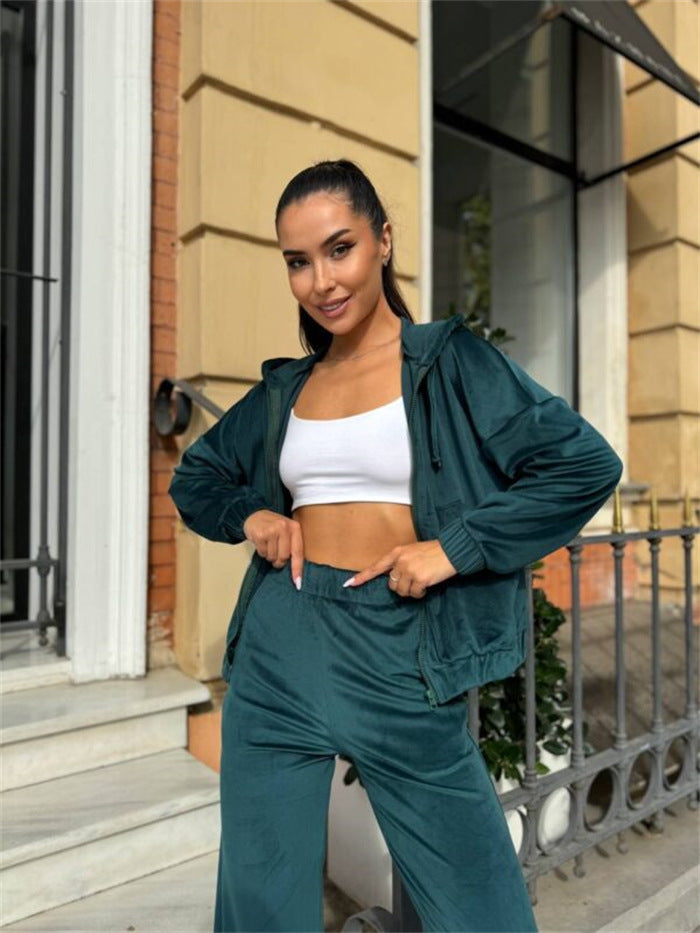 Damen Sportlicher Velours-Jogginganzug mit Kapuze und Komfort-Taille Drune