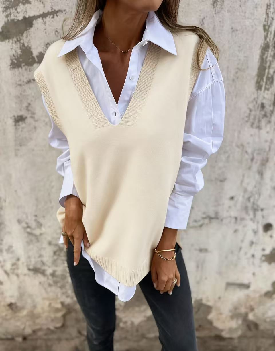 Damen lässiger Strickpullover mit V-Ausschnitt Drune