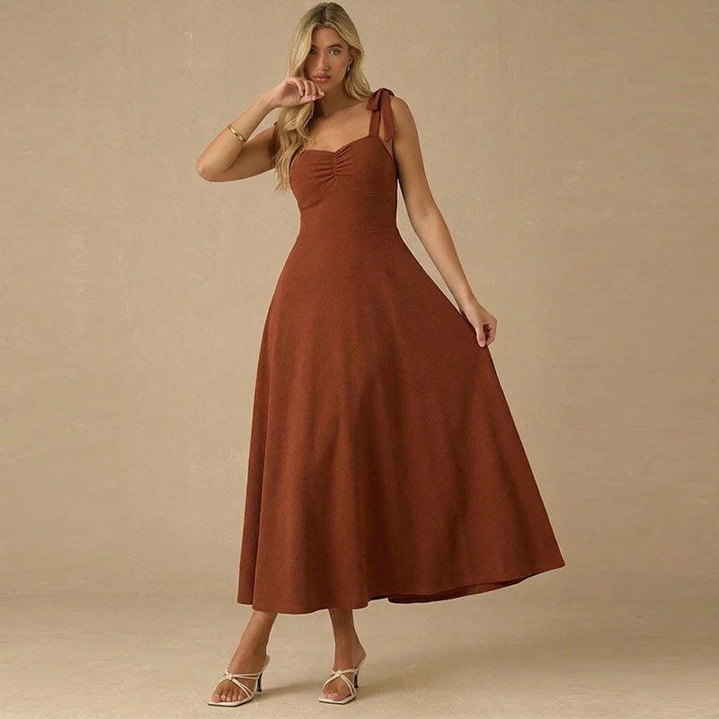 Damen Maxikleid mit niedlichen Schleifen-Trägern und gerafftem Oberteil Drune