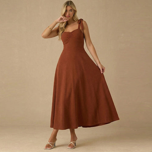 Damen Maxikleid mit niedlichen Schleifen-Trägern und gerafftem Oberteil Drune